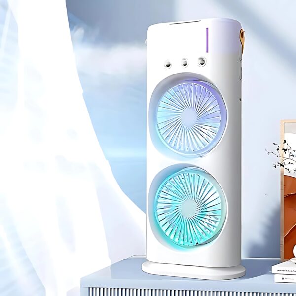 Portable Mini Double Fan Air Cooler With Mist Humidifier And Led Lighting, Mini Table Cooling Fan For Home & Office – Rechargeable ( Random Color )