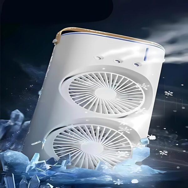 Portable Mini Double Fan Air Cooler With Mist Humidifier And Led Lighting, Mini Table Cooling Fan For Home & Office – Rechargeable ( Random Color ) - Image 5