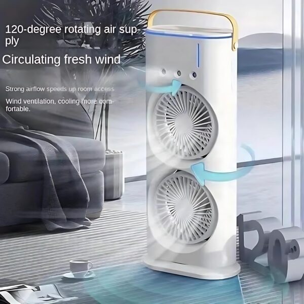 Portable Mini Double Fan Air Cooler With Mist Humidifier And Led Lighting, Mini Table Cooling Fan For Home & Office – Rechargeable ( Random Color ) - Image 3