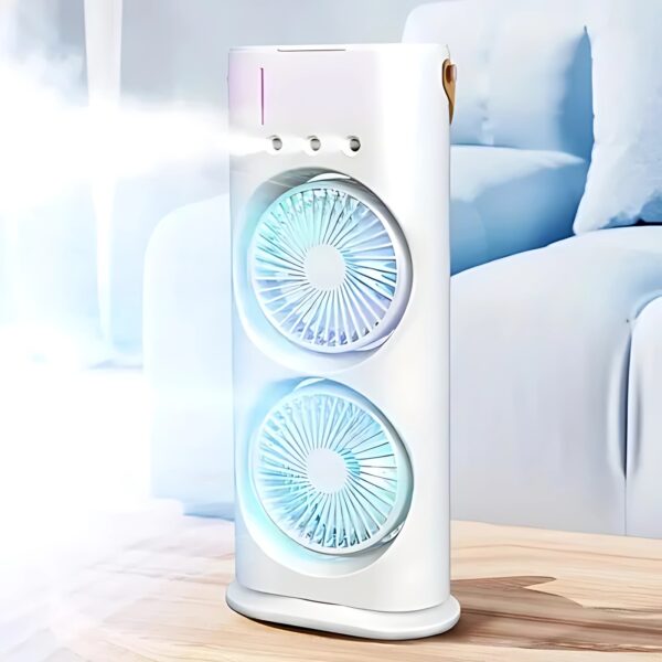 Portable Mini Double Fan Air Cooler With Mist Humidifier And Led Lighting, Mini Table Cooling Fan For Home & Office – Rechargeable ( Random Color ) - Image 2